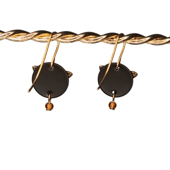 Goldtone Dragonfly Earrings On Black Disc Pierced Dangle Lightweight 1/4 Inch - Picture 2 of 7